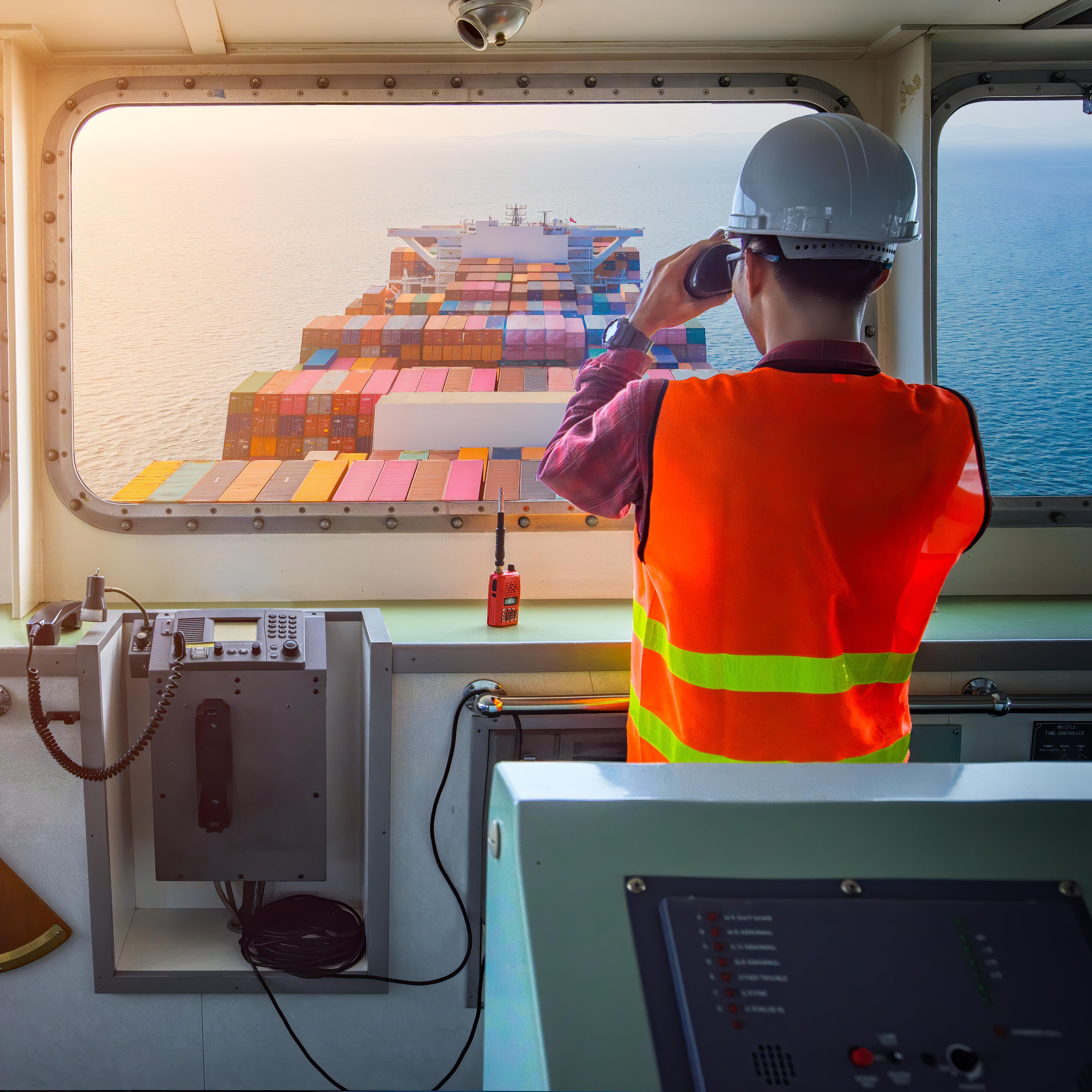 Individual on the wheelhouse bridge of the vessel, watching the sailing route under safety of navigation sailing on the route schedule.