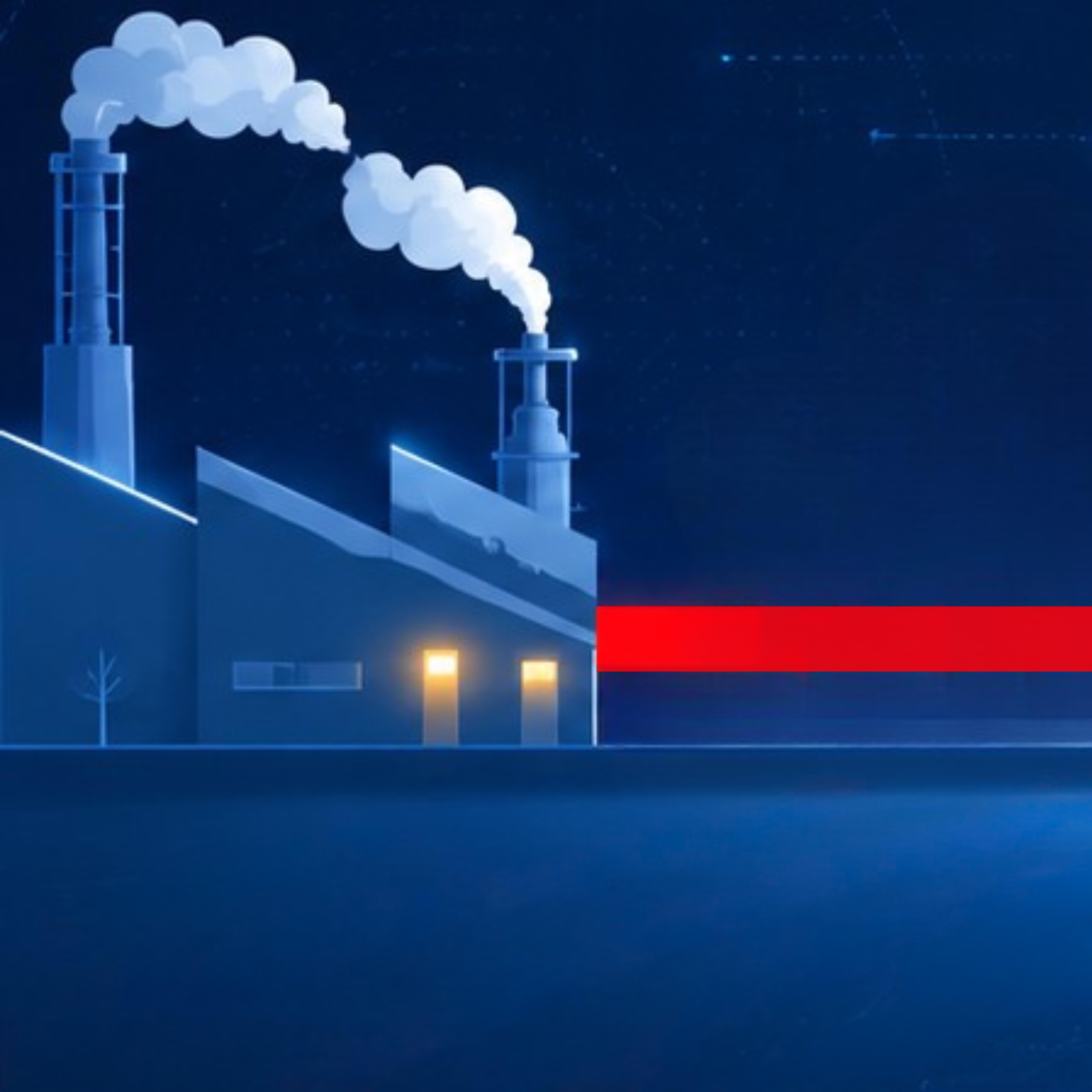 A stylized illustration shows a factory at night rendered in cool blue tones. Two tall smokestacks emit white plumes into a dark starry sky.