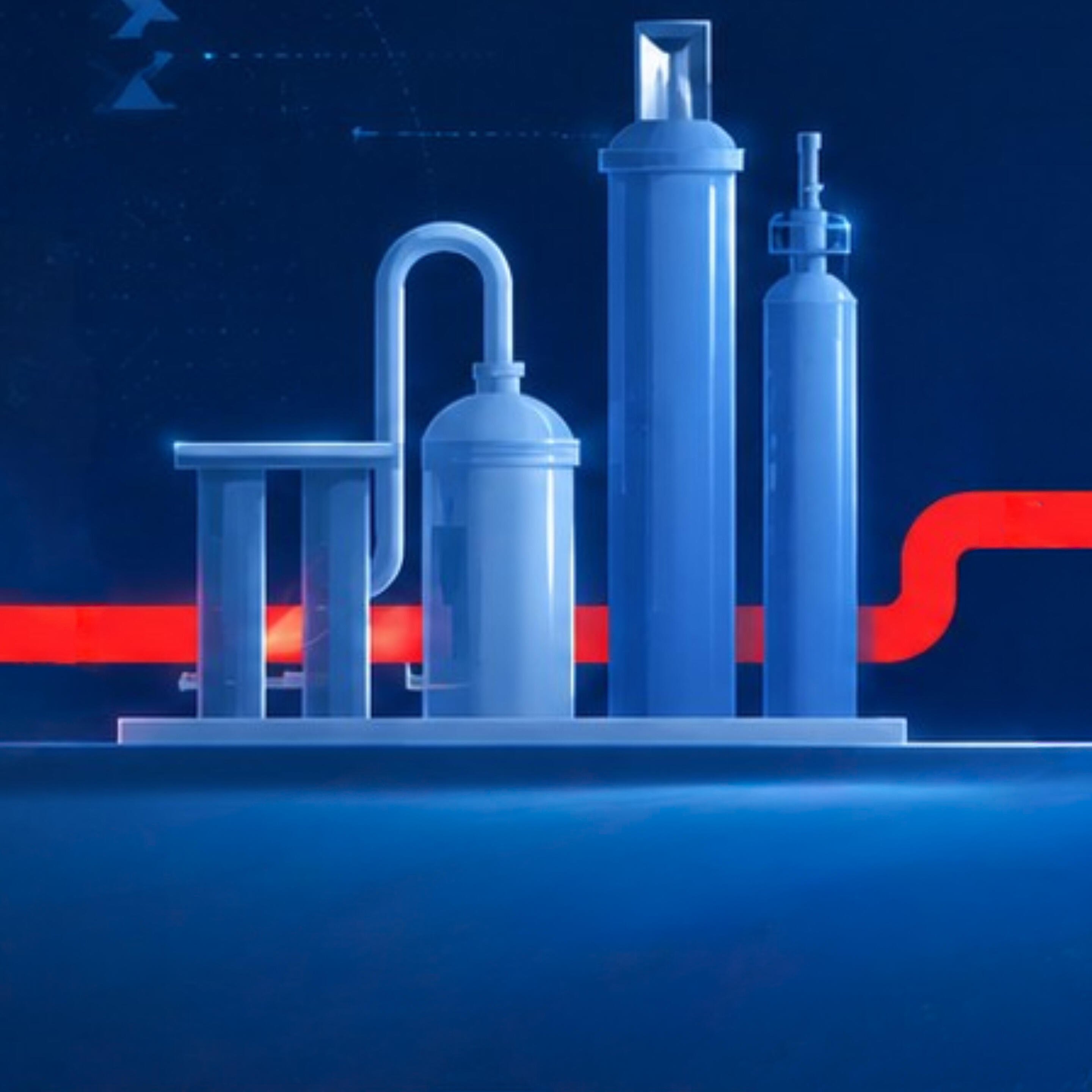 The image shows a stylized illustration of industrial equipment against a dark blue background. Several glossy, blue cylindrical tanks and pipes are arranged on a platform, suggesting a refinery or processing plant.